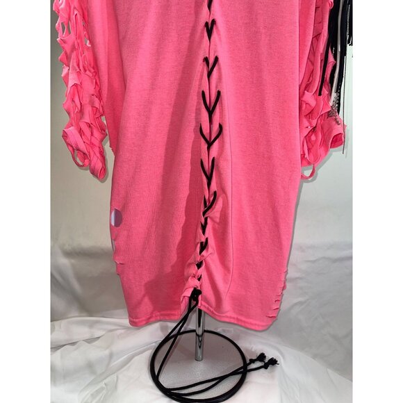 Rolling Stones Pink Cut-Out Lace-Up‎ Fringe Shirt Top With Tassels Large Custom - Picture 5 of 6